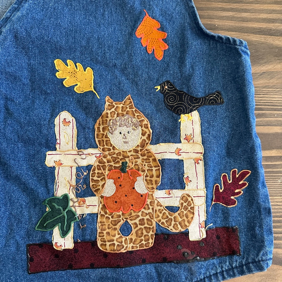 KG Sportswear Denim Vest Fall Harvest Pumpkin Appliqué One Size Handmade - Picture 4 of 10